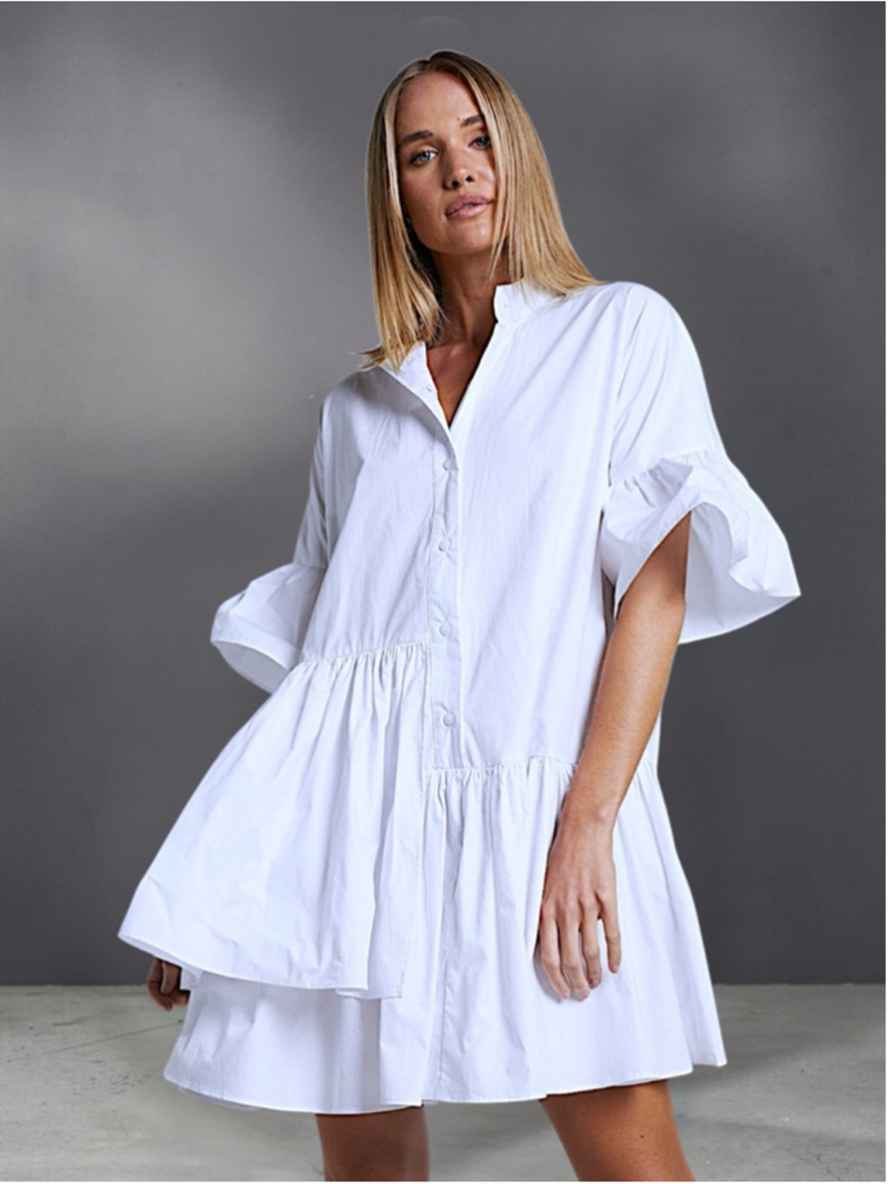 Button Up Asymmetrical Tiered Smock Dress in White – Size S - Picture 4 of 11
